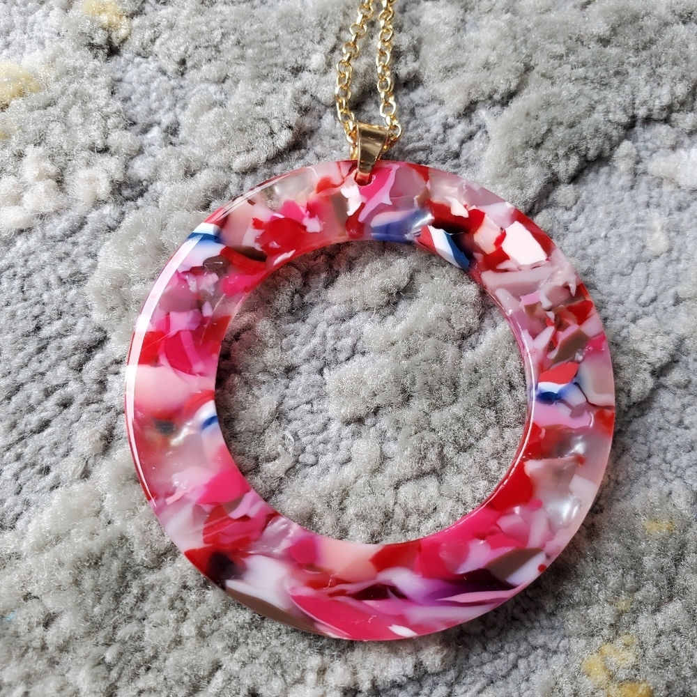 Vibrant Pink Resin Hoop Statement Necklace